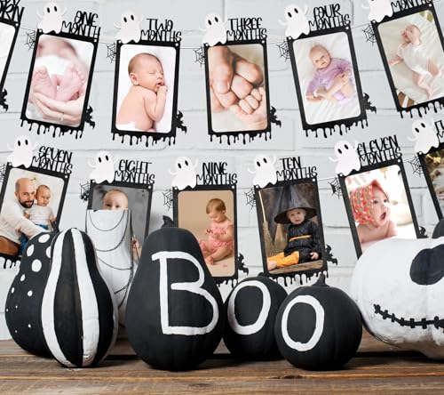 Black Little Boo Halloween Baby Milestone Banner - Glitter Ghost Photo Decoration for 1st Birthday