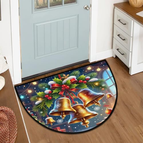 Christmas Half Moon Door Mat - Semi Circle Rug with Bell Design - Variation A:z-11