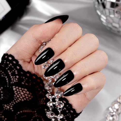 Enchanting Night Medium Black Almond Press-On Nails - Glossy Reusable False Nails Set with Glue & Cuticle Oil