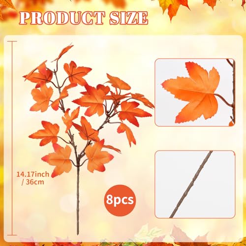 Artificial Maple Leaves Branches - 8PCS 14 Inch Faux Fall Leaves Stem in Orange for Fall Decor & Thanksgiving Centerpieces