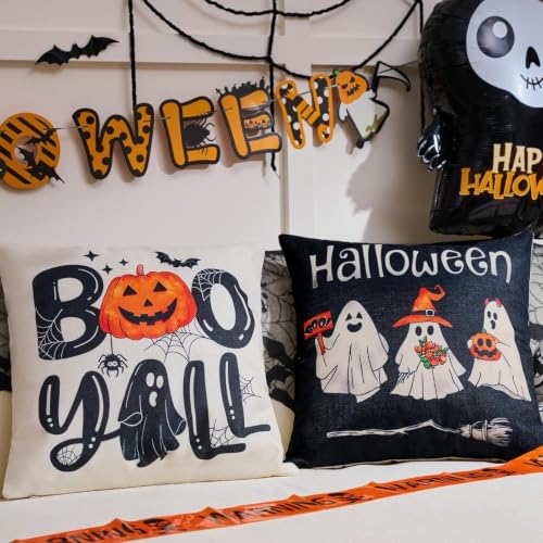 Black Ghost Halloween Throw Pillow Covers Set of 4 20x20in Spooky Gothic Linen