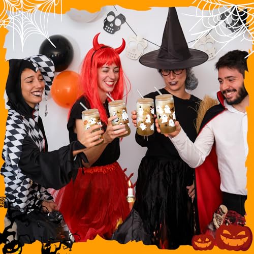 6 Pcs Halloween Glass Cups with Bamboo Lids & Straws - White, 16 Oz Set