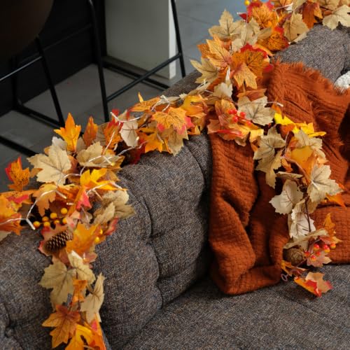 2 Pack Fall Leaf Garland with Lights - 12Ft Autumn Maple String Lights for Thanksgiving Halloween Decorations