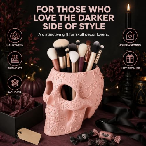 Pink Skull Makeup Brush Holder - Large Resin Pen & Vanity Organizer