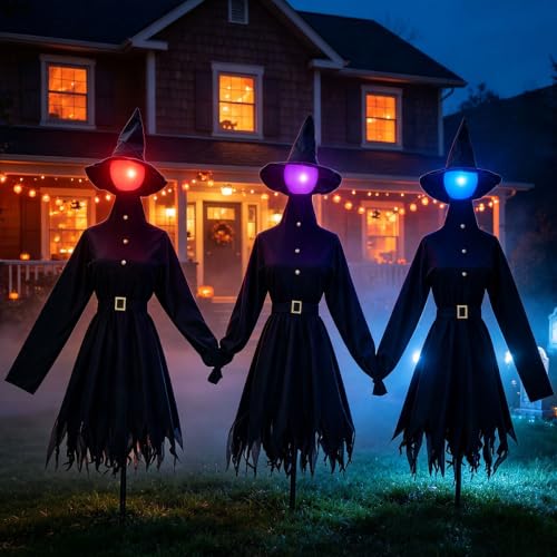Halloween Glowing Witch Decor Set with Spooky Sound Garden Stakes - 3 Pack, 4.9 ft