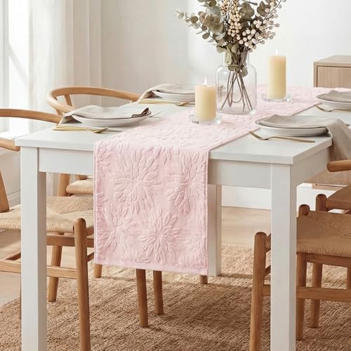 Pink 13x72 Inch Cotton Table Runner - Floral Dahlia Pattern, Spring Home Decor