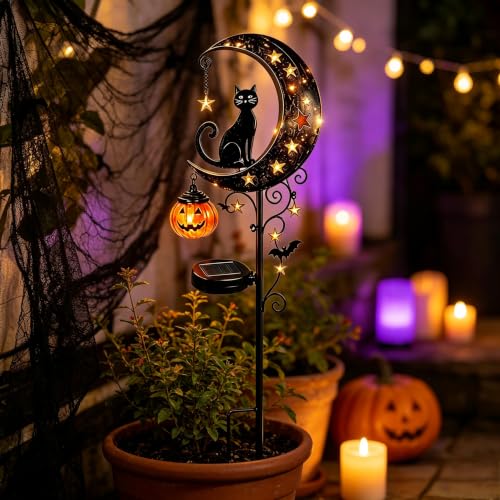 Solar Halloween Garden Stake Light with Black Cat and Pumpkin Lantern
