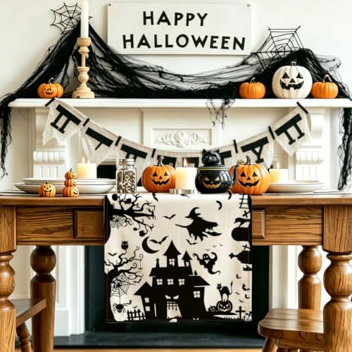 Halloween Table Runner 13x72 Inch Spooky Black Linen Decor for Home