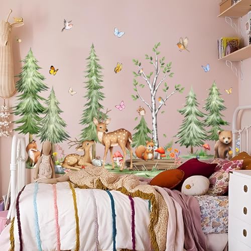 Woodland Tree Fall Pine Tree Wall Stickers with Forest Animals - Removable Home Decor