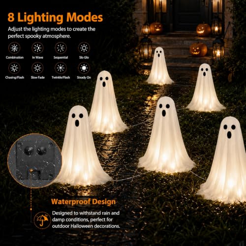 Solar Ghost String Lights for Halloween Garden Pathway Decor - 12.8 FT, 6 Pack