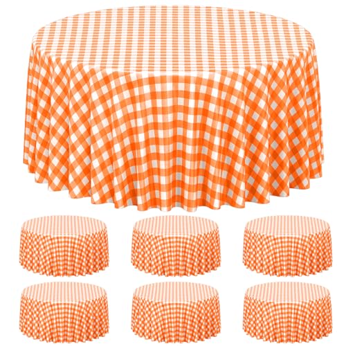 Orange Gingham Round Tablecloth 54x108 Inches - Pack of 6, Fall Checkered Cover - Orange-Round