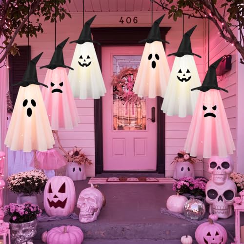 Pink Halloween Ghost Decorations Set - Outdoor Hanging LED Ghosts for Yard & Party