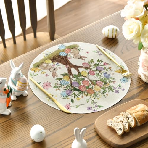 14 Inch Round Easter Placemat Set of 4 - Bunny Rabbit Egg Tree Flowers