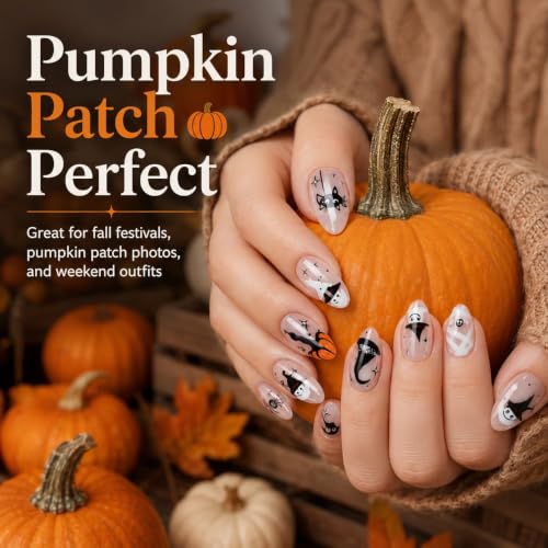 Halloween Pumpkin Ghost Spider Almond Press On Nails - Orange Pumpkin Black Spider Variation