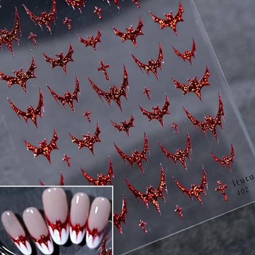 Halloween Bat Nail Stickers - 5D Embossed Red Bats & Holographic Glitter - Style-13