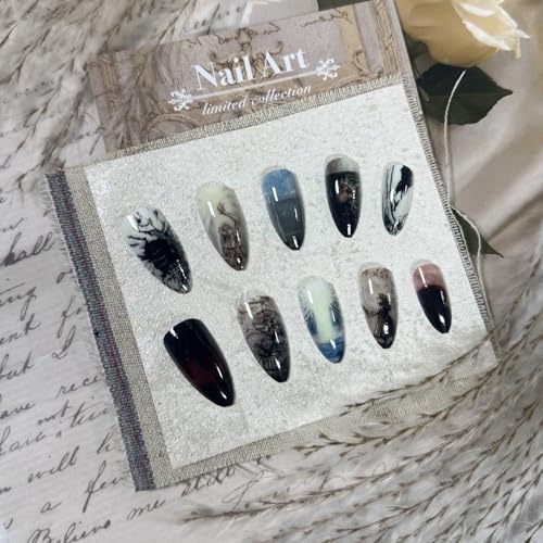 Press On Nails Medium Almond Blue Black Glossy Fake Nails - AP1-07 Blue - 24 pcs