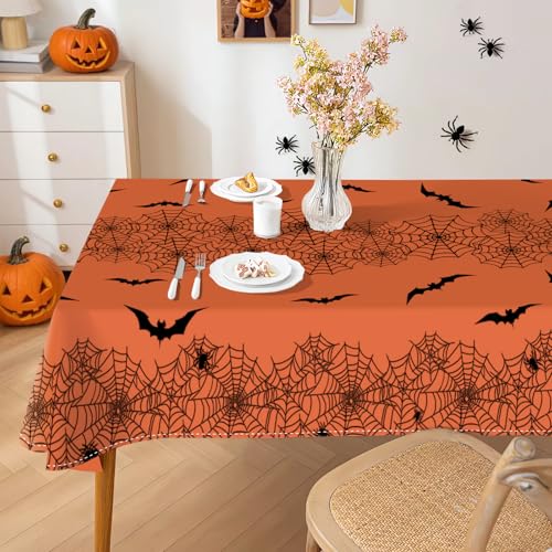 Halloween Spider Web Bat Tablecloth 60x104 Inch Rectangular Orange Washable Decor