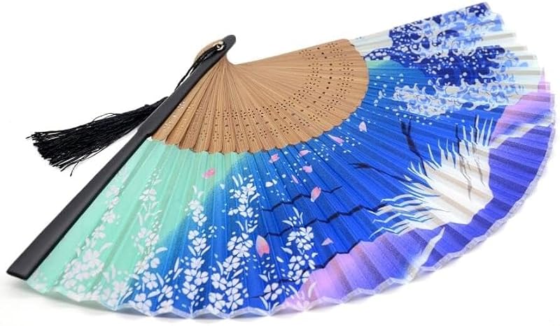 Night Edition Foldable Hand Fan for Women - Vintage Bamboo Silk Fan with Tassel & Pouch