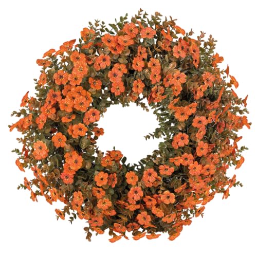 Fall Wreath for Front Door - Autumn Harvest Decor with Eucalyptus & Mums - Orange-3