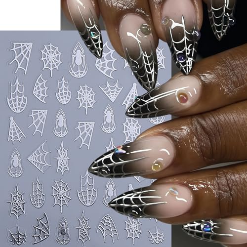 Halloween Nail Stickers Set - Laser Spider Web Design for 3D Nail Art - Black, White, Gold, Silver, 10 Sheets
