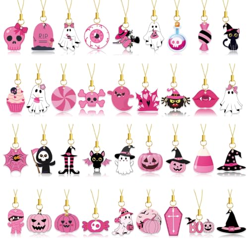 Pink Halloween Decorations Set - 36 Double-Sided Acrylic Hanging Ornaments with Gold Strings