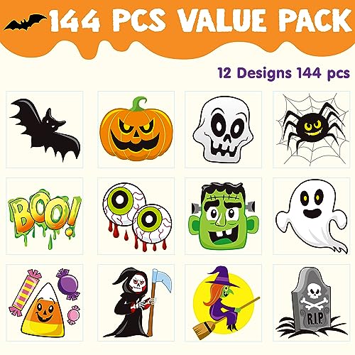 Halloween Temporary Tattoos for Kids 144 Pack with 12 Spooky Designs