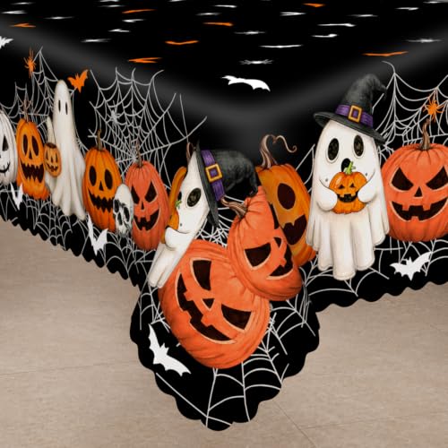 Black Halloween Pumpkin Ghost Tablecloth 84x60 Inches - Festive Home Decor