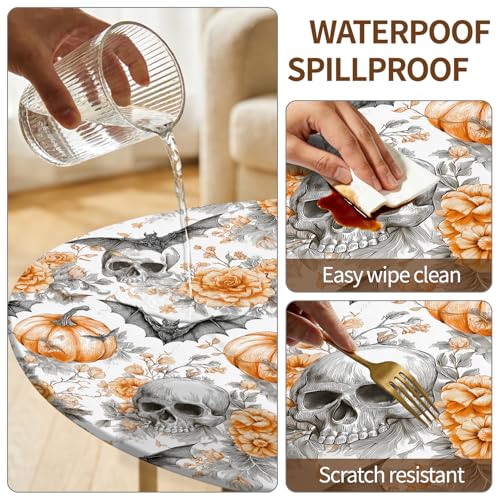 Halloween Fitted Round Tablecloth for 46-50 Inch Tables - Pumpkin Head Design, 52 Inch