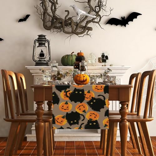 Halloween Table Runner Black Cat Pumpkins 13x72 Inch - Seasonal Kitchen Decor with Variation