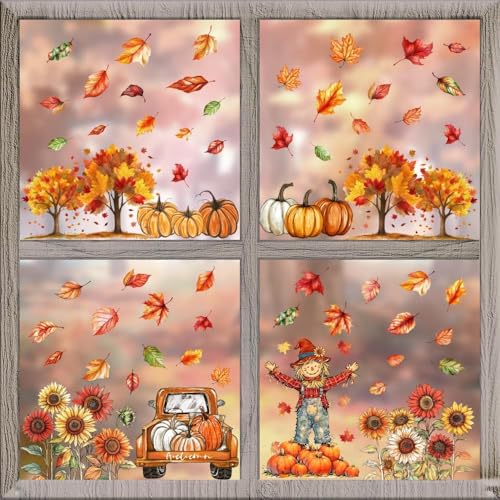 Fall Static Window Clings Set - Autumn Decor Stickers for Home & Office, 9 Sheets 76 pcs - Fall Harvest
