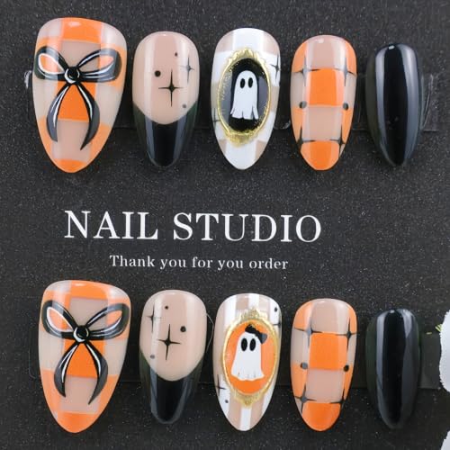 Halloween Mirror Ghost Checkered Press On Nails - Short Almond Fake Nails with Bow and Star Design (Variation: Ghost Checkered)
