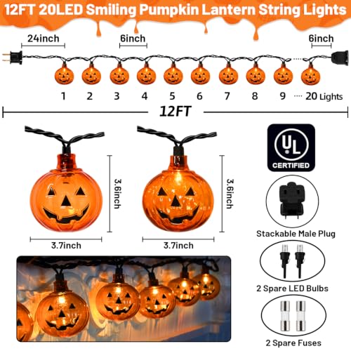 Jack O Lantern LED Halloween Pumpkin String Lights - 12Ft, 20 Bulbs, Clear Variation