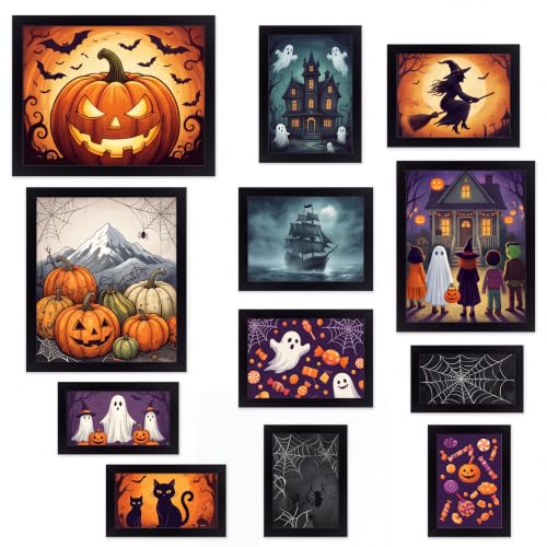 Halloween Ghost Wall Art Set - Framed Decor with 12 Gothic Prints