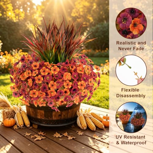 Artificial Fall Flowers Set - UV Resistant Outdoor Decor, Orange Red