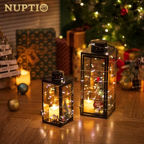 NUPTIO Large Black Indoor & Outdoor Metal Floor Lantern - 13.8 Inch Tall