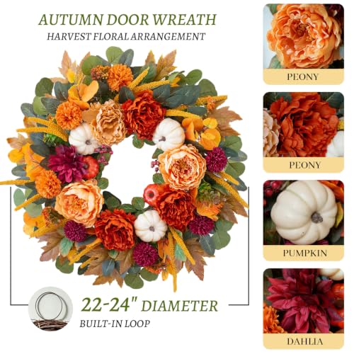 Fall Peony Wreath - 24 Inch Autumn Front Door Wreath with Orange Peony & Burgundy Dahlias