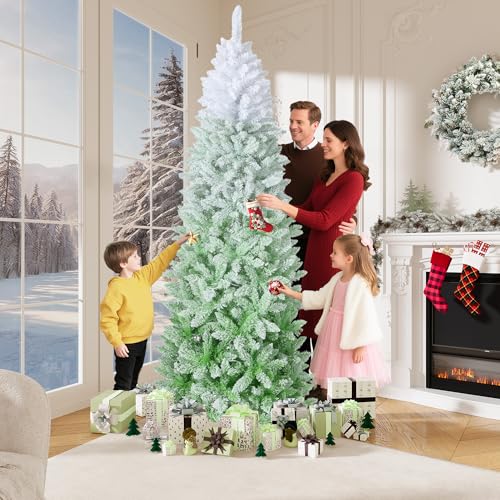6Ft Slim Artificial Christmas Tree with Pink Green Gradient Flocked Branches - Space-Saving Holiday Decor