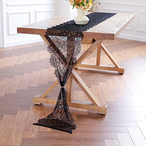 Black Lace Table Runner 14 x 120 Inch Floral Embroidered Fabric Decoration - Variation 10