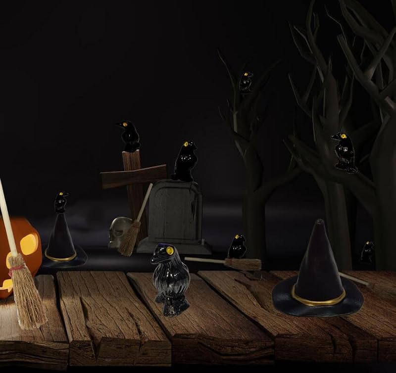 Mini Witch Hat & Broom Set with Resin Crows for Halloween Decor, Dollhouse & Crafts