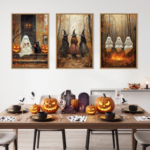 Halloween Framed Wall Art Set of 3 - Dark Witch Crow Raven Black Cat Pumpkin - 16x24 Inches