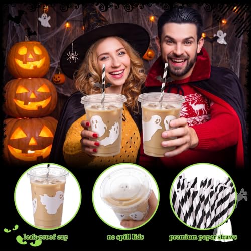 Halloween Ghost Latte Plastic Cups Set - 50 Count 16 oz with Lids & Straws - Black & White / Ghost & White