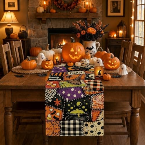 Halloween Witchy Burlap Table Runner 13x72 Inch - Seasonal Kitchen Decor