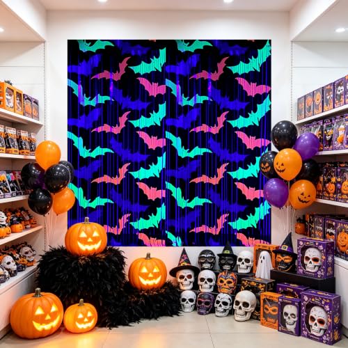 Halloween Pattern Foil Fringe Curtains - 2 Pack 3.3x6.6FT Photo Booth Backdrop & Party Decor