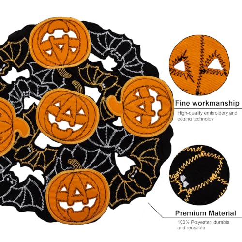 Halloween Placemats Set of 4 - Bats & Pumpkins Embroidered Table Mats, 14 Inch Round