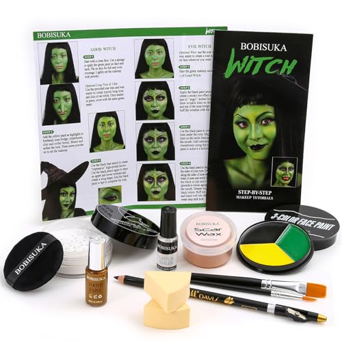 Halloween Witch SFX Makeup Kit - Green Face Paint, Scar Wax & Costume Accessories