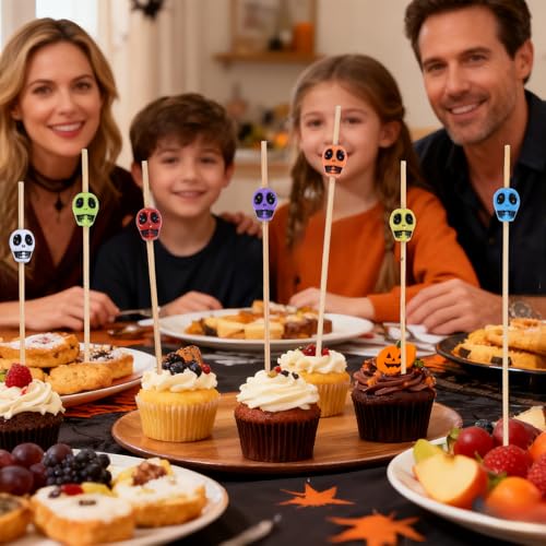 Skull Cocktail Picks - Halloween Toothpicks for Appetizers, Multicolor, 12cm, 100 Pack