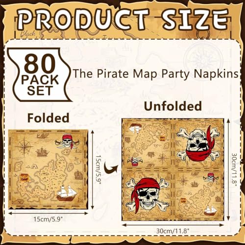Pirate Party Napkins Set 80 Pack 13 x 13 Inch Treasure Map Theme Decorations