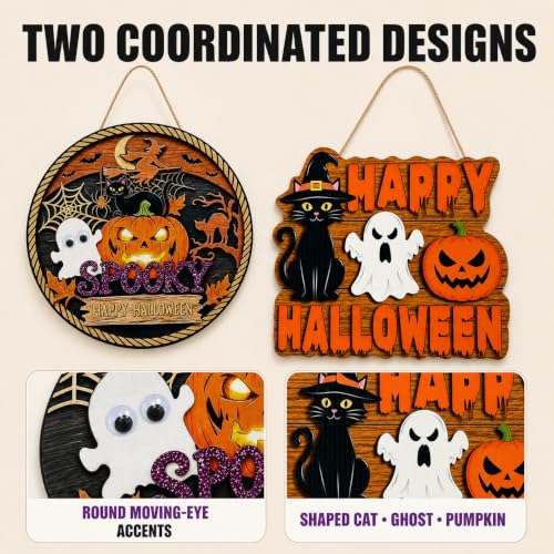Halloween Door Decorations Set - Ghost, Cat & Pumpkin Hanging Signs, Round + Square Variations