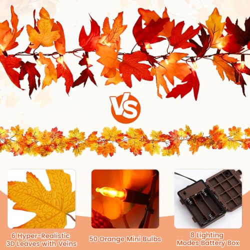 12Ft 50 LED Fall Garland with Lights - 8 Modes Waterproof Battery Operated for Indoor Holiday Decor - 2 Pack