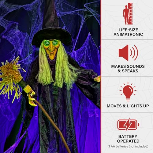 72-Inch Life-Size Talking Witch with Broomstick Halloween Animatronic - Touch Activated Lights and Sound